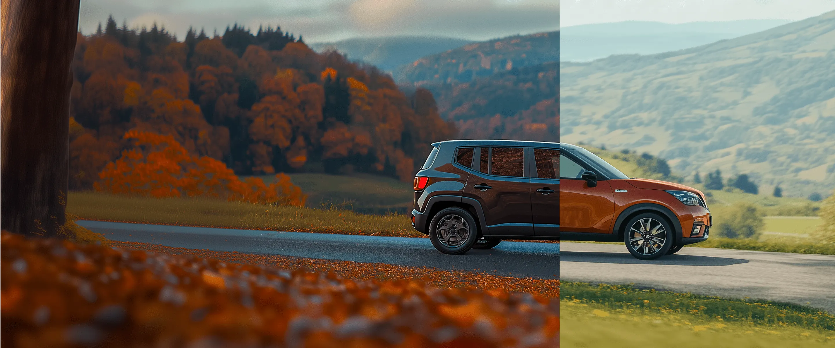 A side by side picture of a brown and black car.